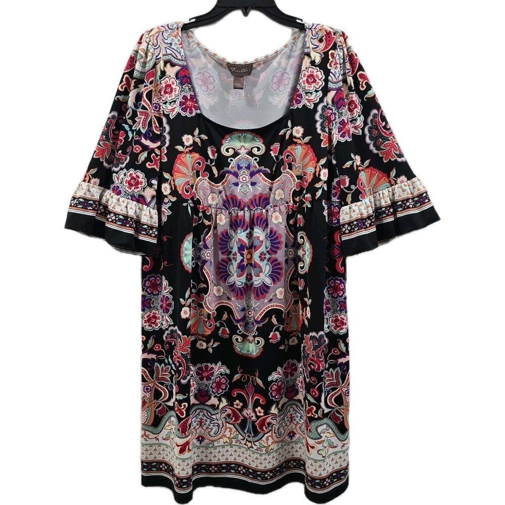 Trulli WomensColorful Floral & Paisley Print Tunic Dress Bell Sleeves Size 16